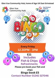 Bingo every Friday at 1230pm until 3pm.